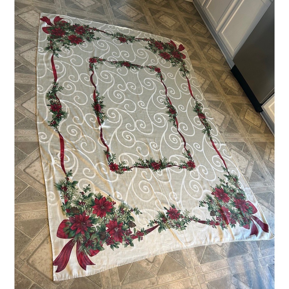 Food Network Christmas Tablecloth Poinsettia Ribbon Scroll Damask Rectangular